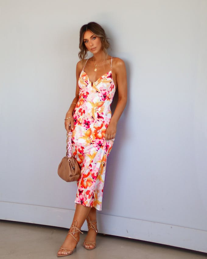 Summer Harvest Satin Printed Slip Midi Dress view 1