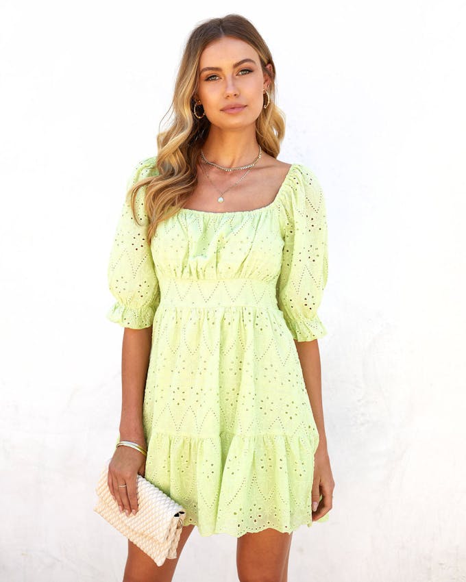 Calista Cotton Eyelet Puff Sleeve Mini Dress - Lime view 1