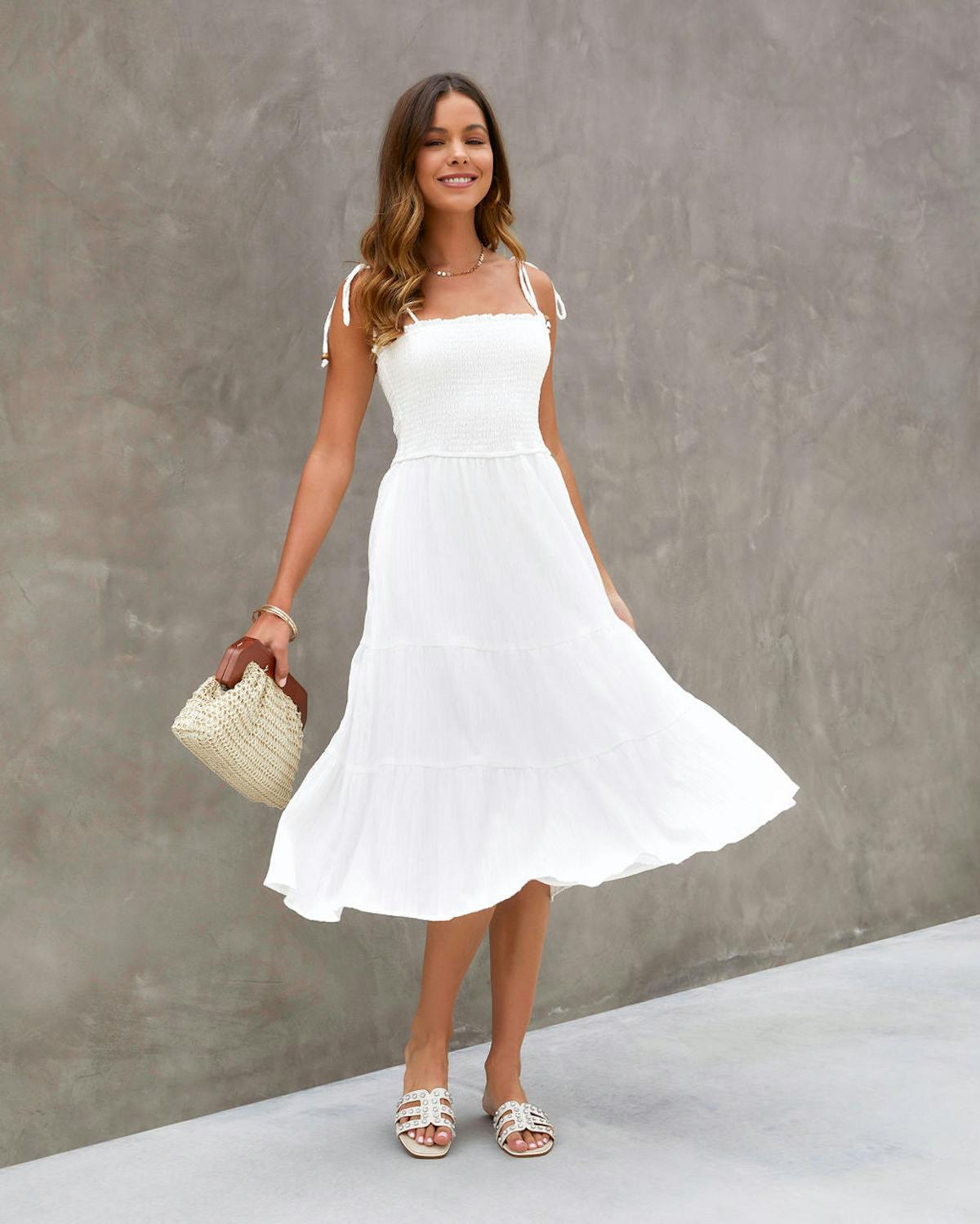 Fling For Spring Smocked Tiered Midi Dress - White view 1