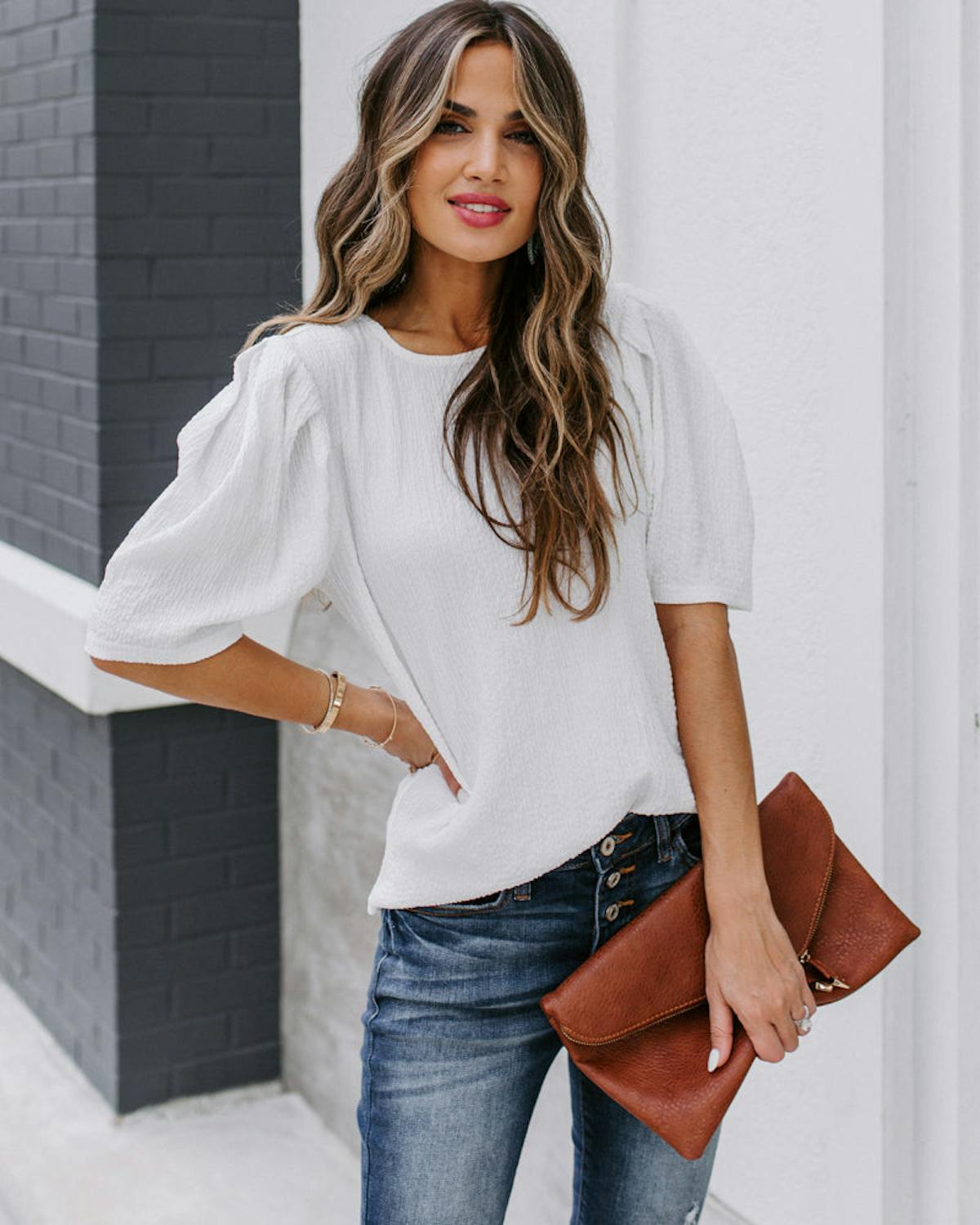 Clarice Statement Sleeve Textured Top - Off White - FINAL SALE view 1