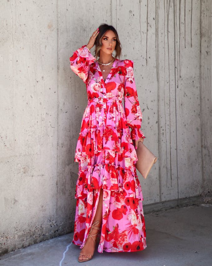 Mon Cheri Floral Chiffon Tiered Belted Maxi Dress view 1