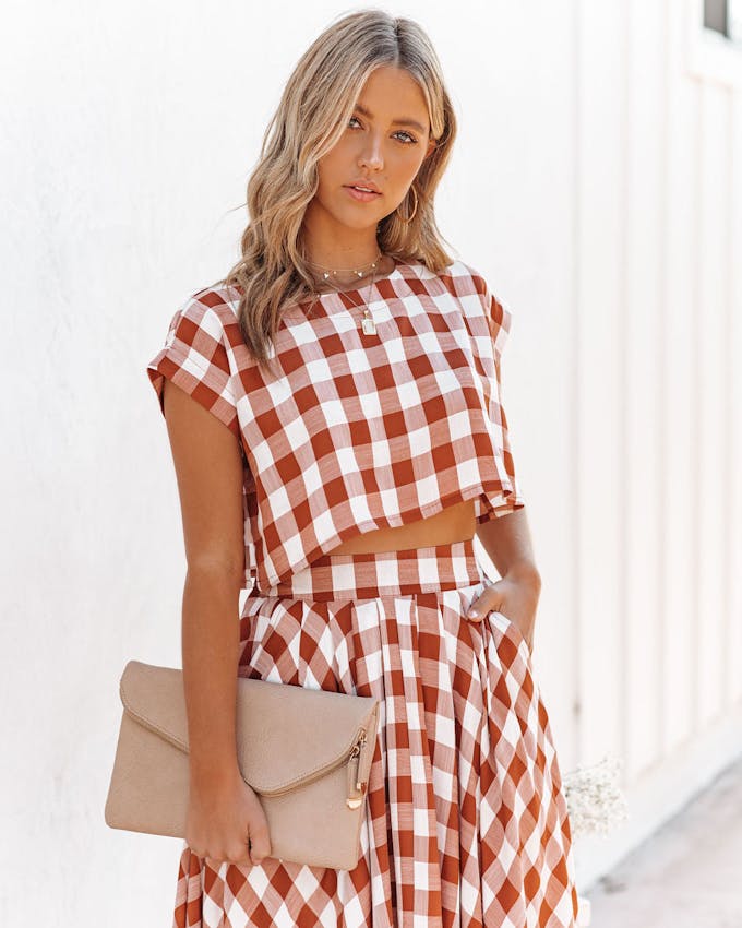 Athina Cotton Blend Gingham Crop Top - Rust - FINAL SALE view 1