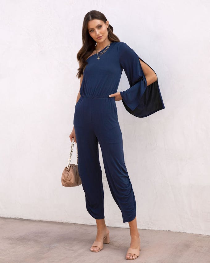 Avery One Shoulder Pocketed Jumpsuit - Navy - FINAL SALE view 1