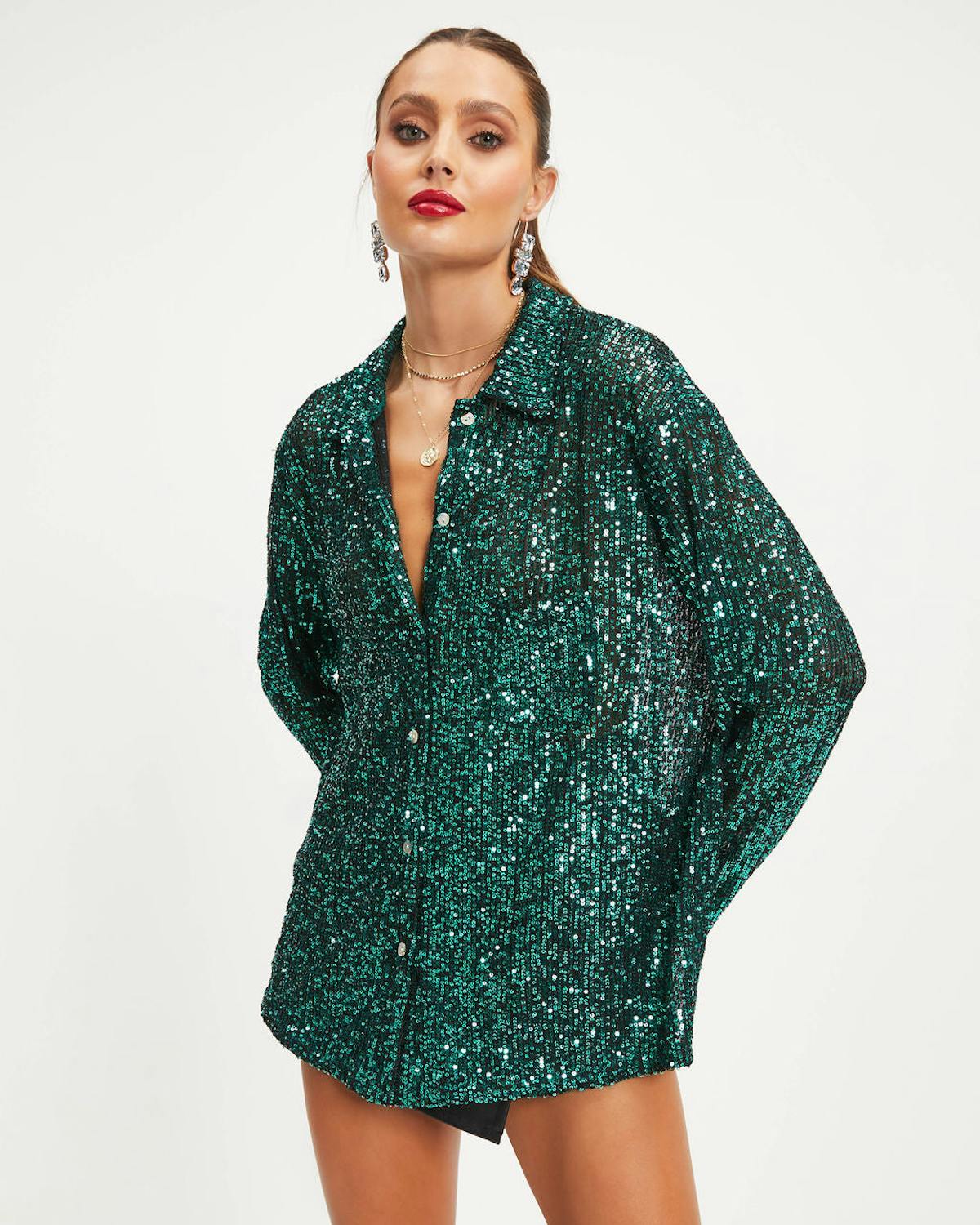 Be A Star Sequins Button Down Top - Emerald - FINAL SALE view 1
