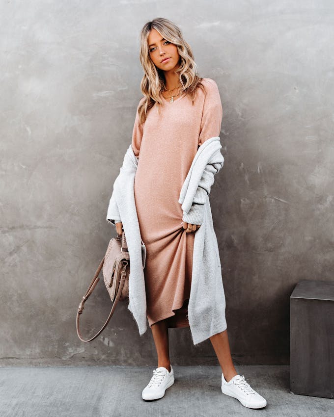 Coley Pocketed Hooded Knit Midi Dress - Apricot - FINAL SALE view 1