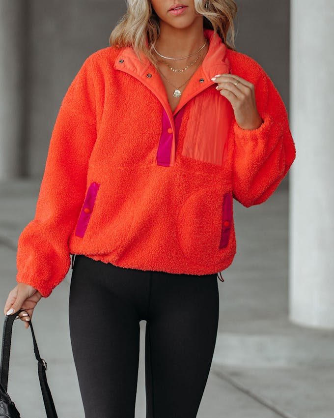 Comfy Cute Pocketed Sherpa Pullover - Flame - FINAL SALE view 1
