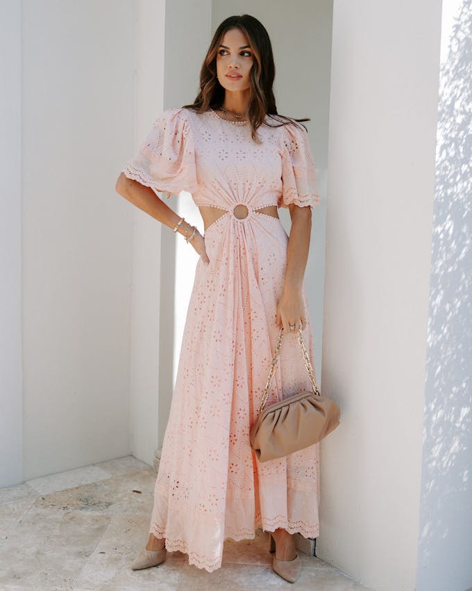 Delilah Eyelet Cotton Blend Cutout Maxi Dress - Pink - SALE view 1
