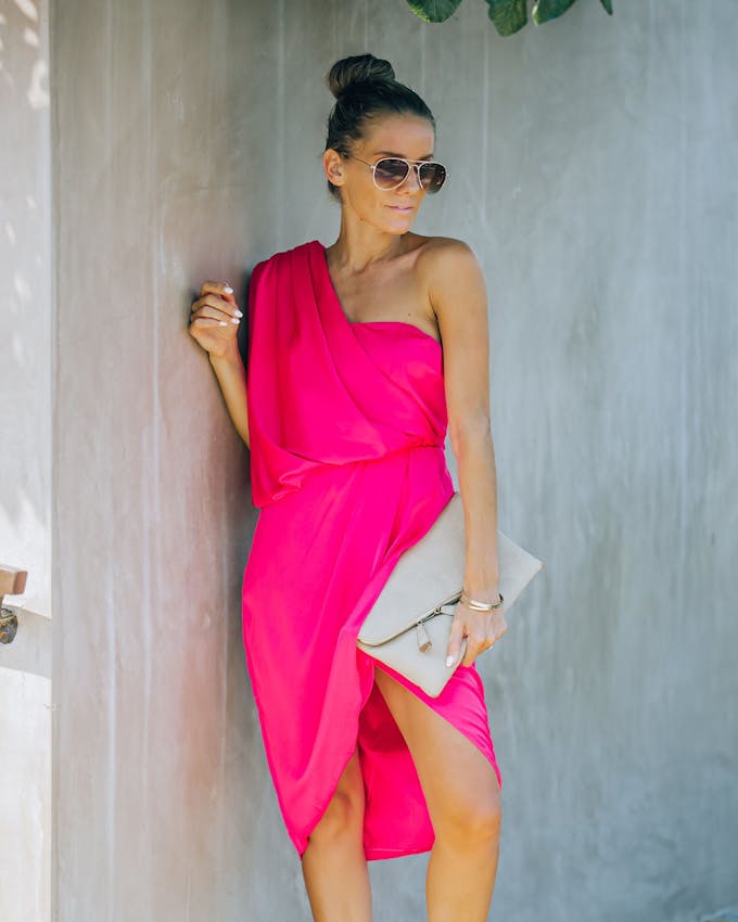 Brava Satin One Shoulder Drape Dress - Paradise Pink - LAST CHANCE view 1