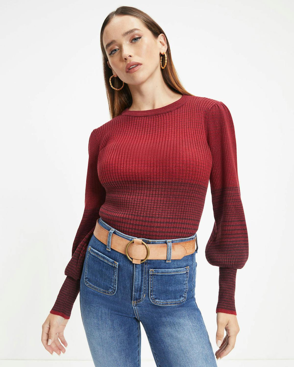 Fall Sunsets Ribbed Balloon Sleeve Pullover Sweater - Wine - FINAL SALE view 1