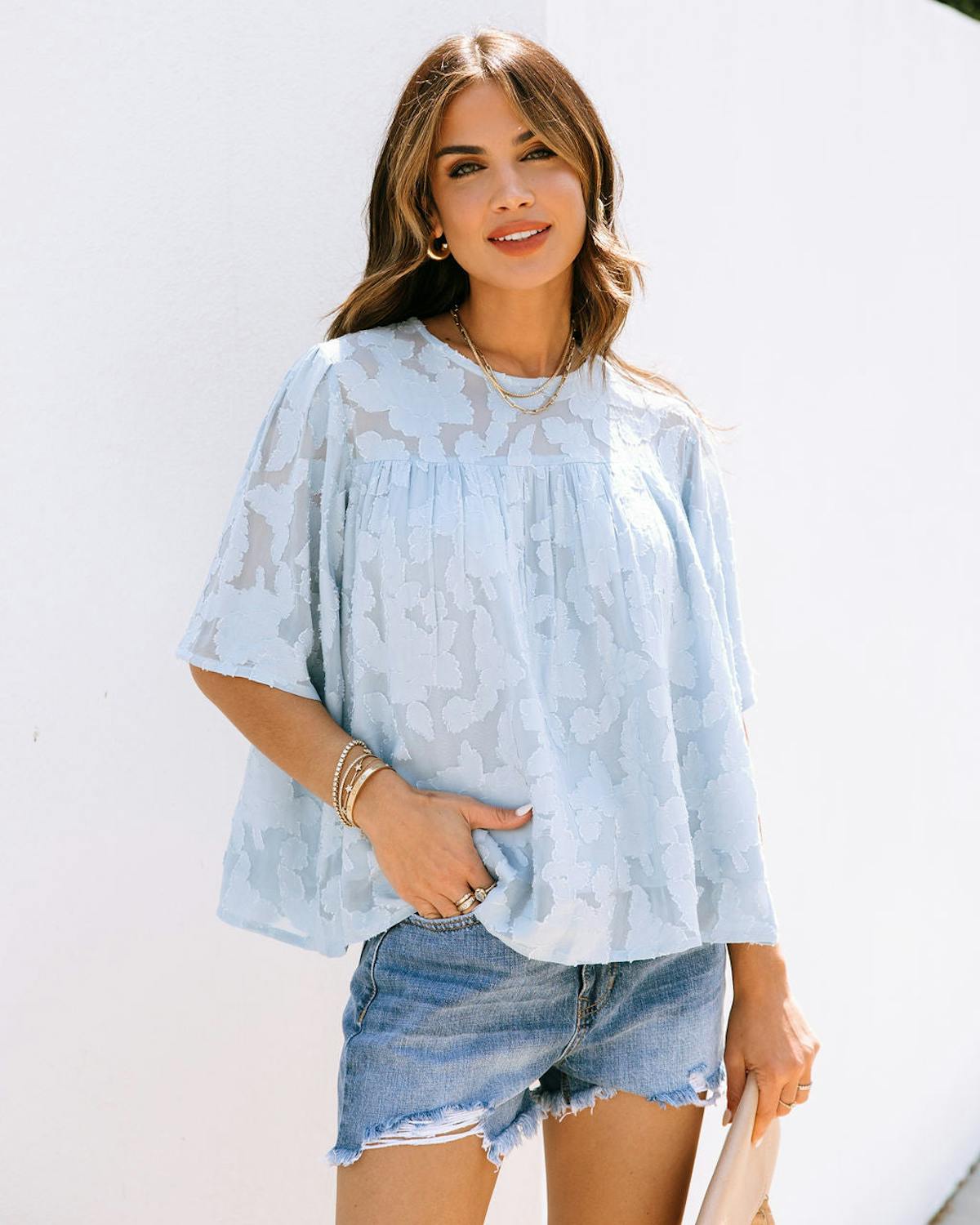 Get Obsessed Floral Textured Babydoll Blouse - Light Blue view 1