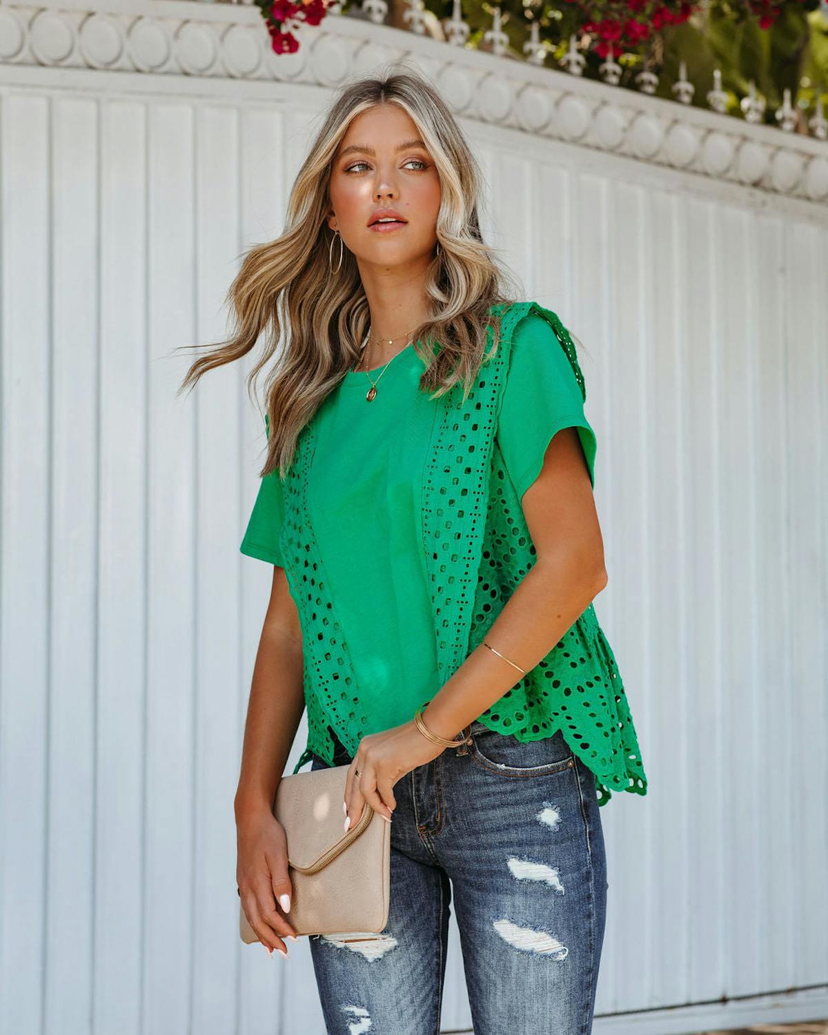 Gwena Cotton Eyelet Tee - Emerald - LAST CHANCE view 1