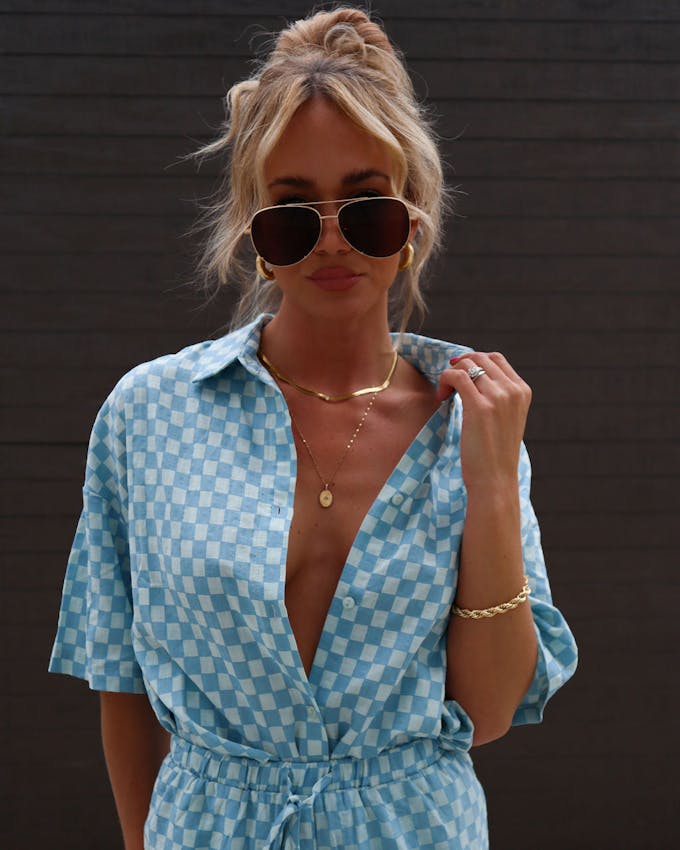 Check Yourself Cotton Blend Button Down Top - Blue - SALE view 1