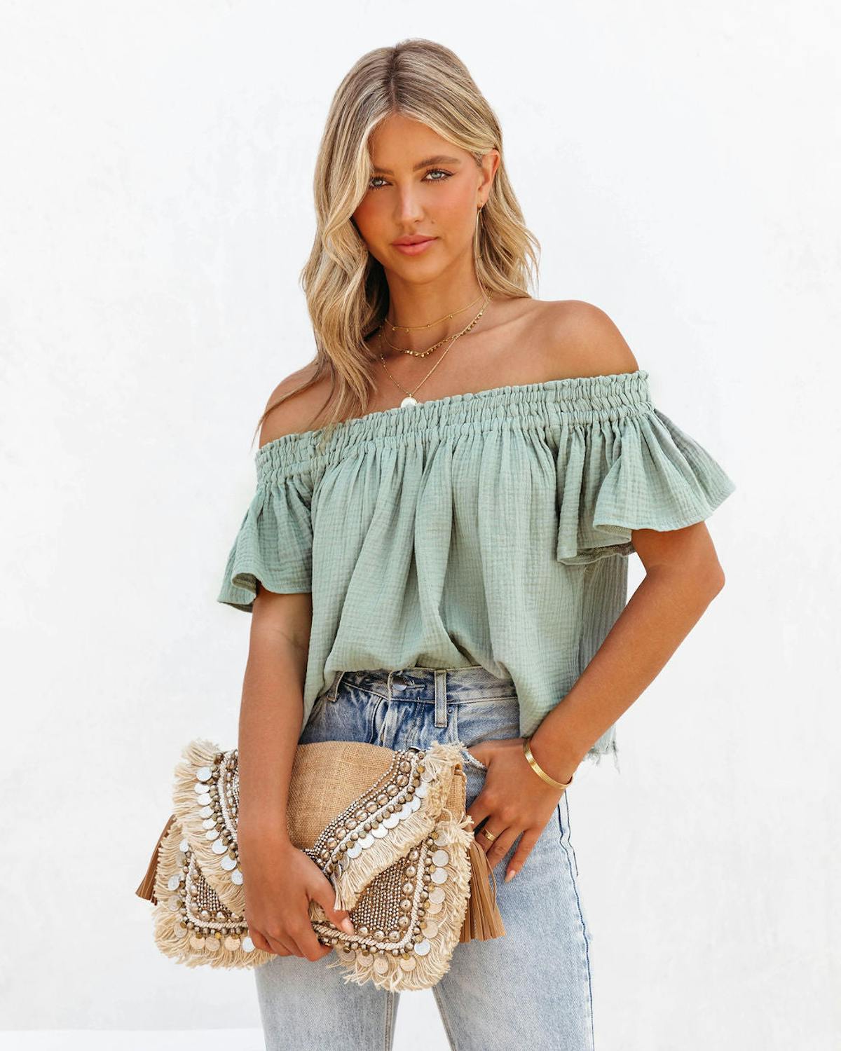 Povey Cotton Frayed Off The Shoulder Top - Sage - FINAL SALE view 1