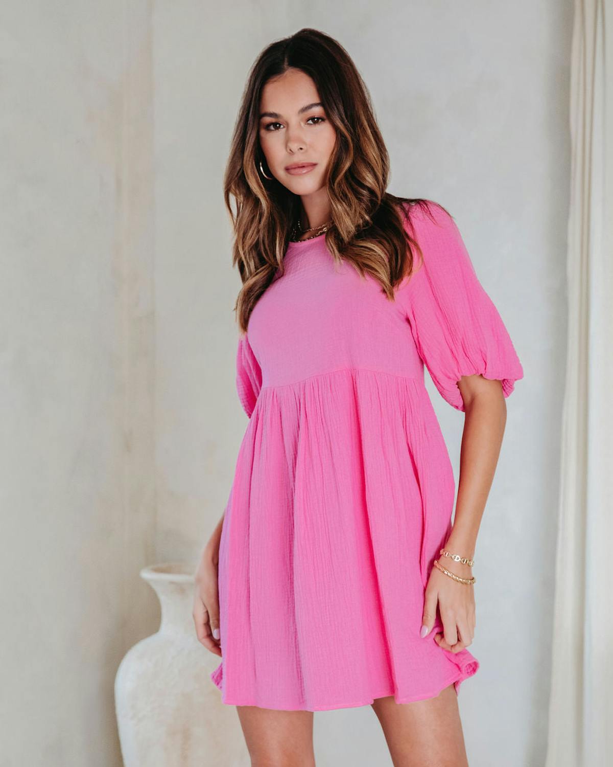 Such A Breeze Cotton Puff Sleeve Babydoll Dress - Pink view 1