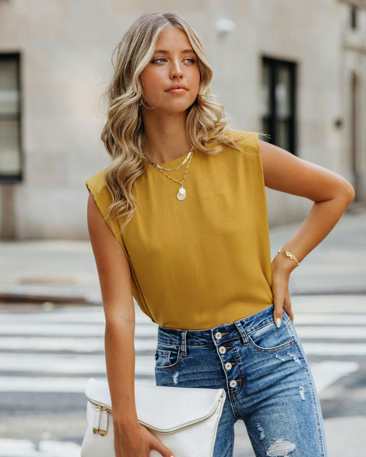 Times Square Padded Shoulder Blouse - Mustard - FINAL SALE view 1