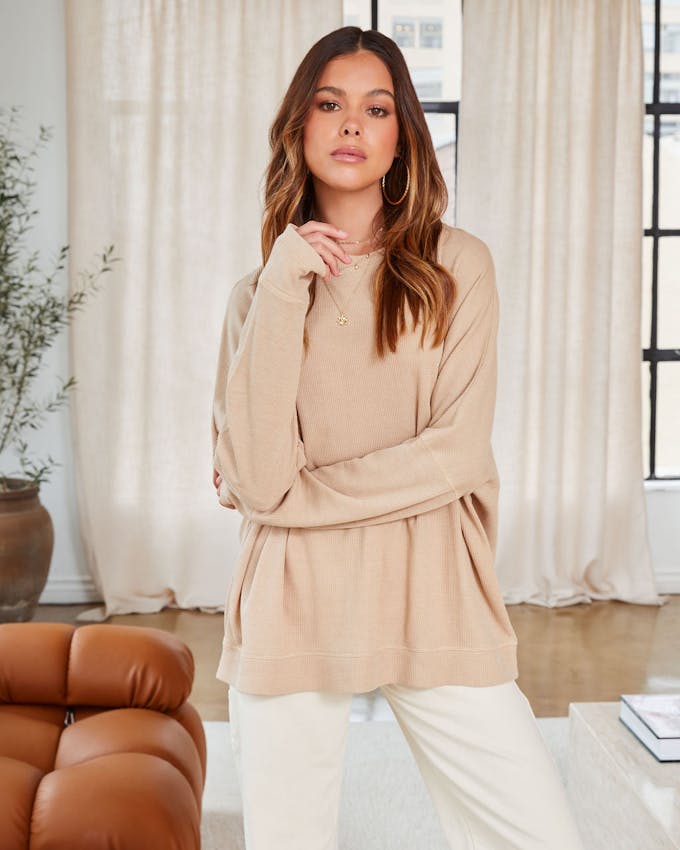 Tommy Cotton Blend Waffle Knit Long Sleeve Top - Camel - SALE view 1