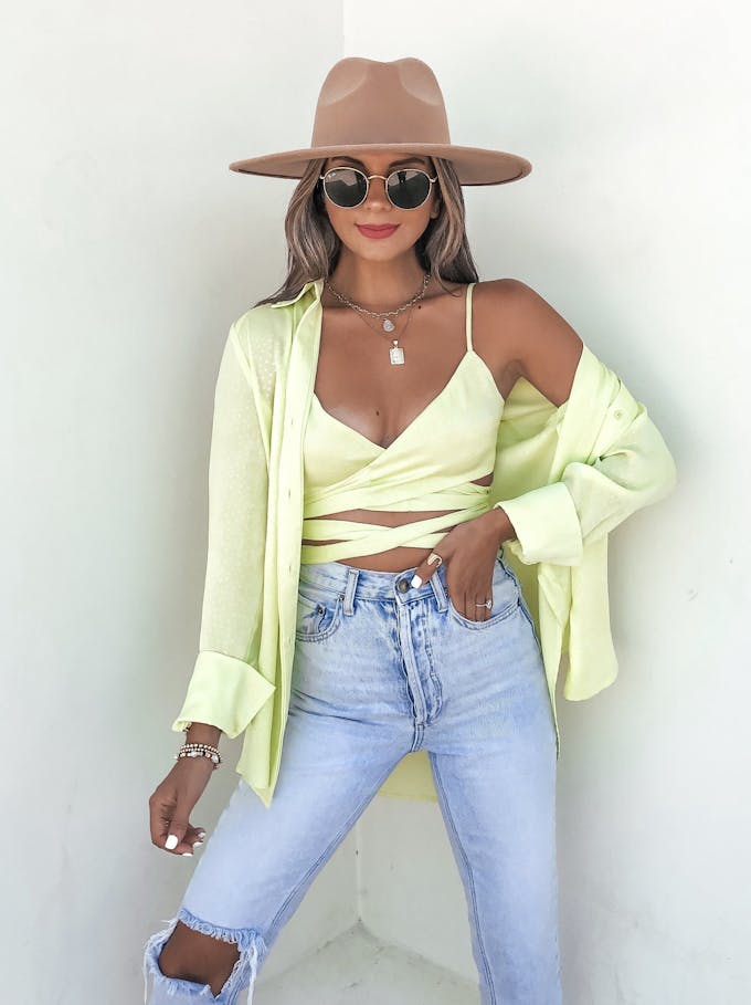 Izabel Spotted Button Down Blouse - Lime - FINAL SALE view 1
