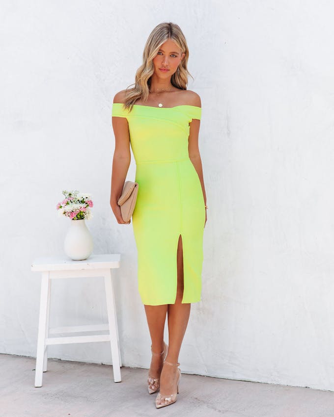 Vividly Glowing Off The Shoulder Bodycon Midi Dress - Lime - FINAL SALE view 1
