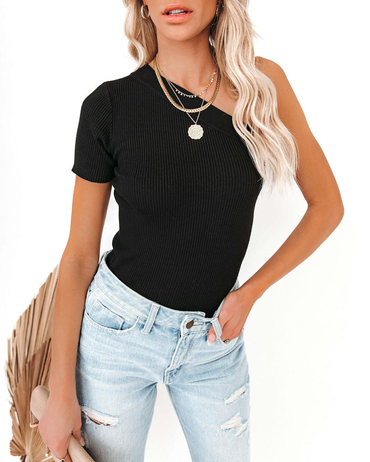 Admiration One Shoulder Ribbed Knit Top - Black - LAST CHANCE view 1