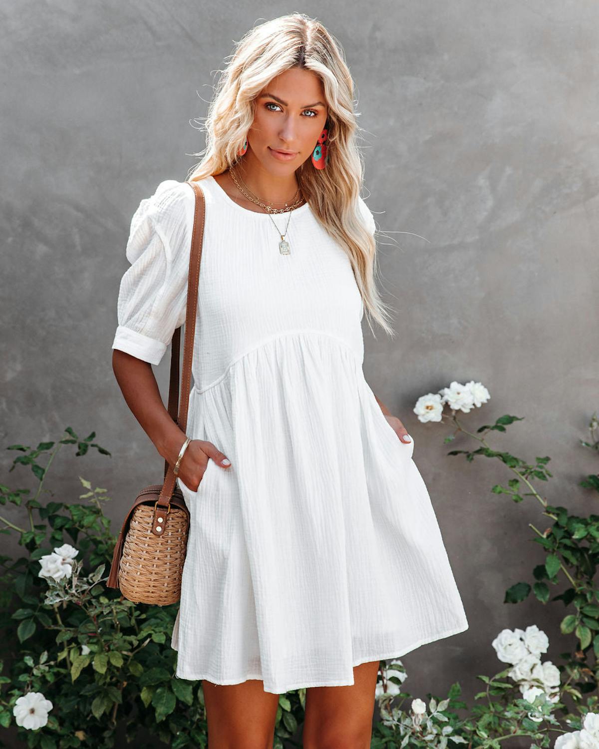 Amber Cotton Pocketed Puff Sleeve Dress - White - FINAL SALE view 1
