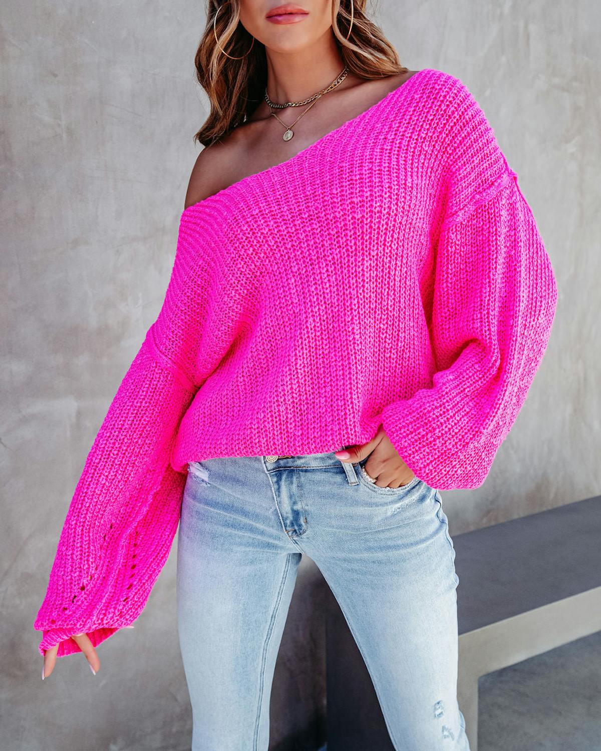 Breezy Fun Knit V-Neck Sweater - Hot Pink view 1