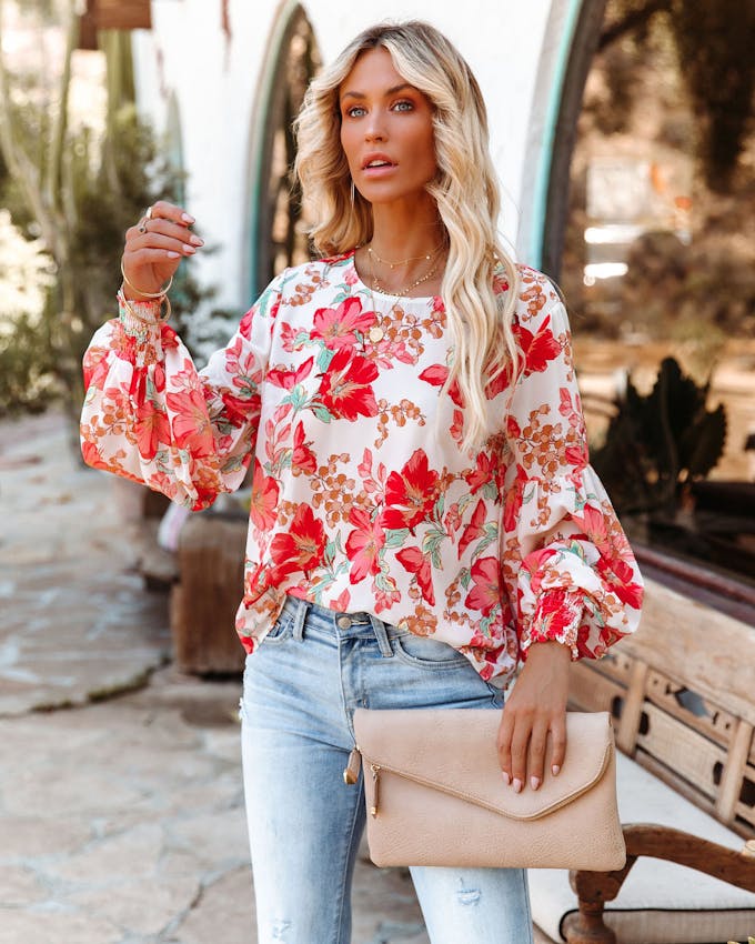 Chase The Sun Floral Smocked Blouse - Coral - FINAL SALE view 1