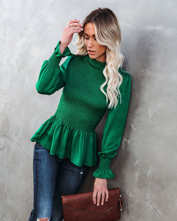 Down To Business Smocked Blouse - Emerald - FINAL SALE view 1