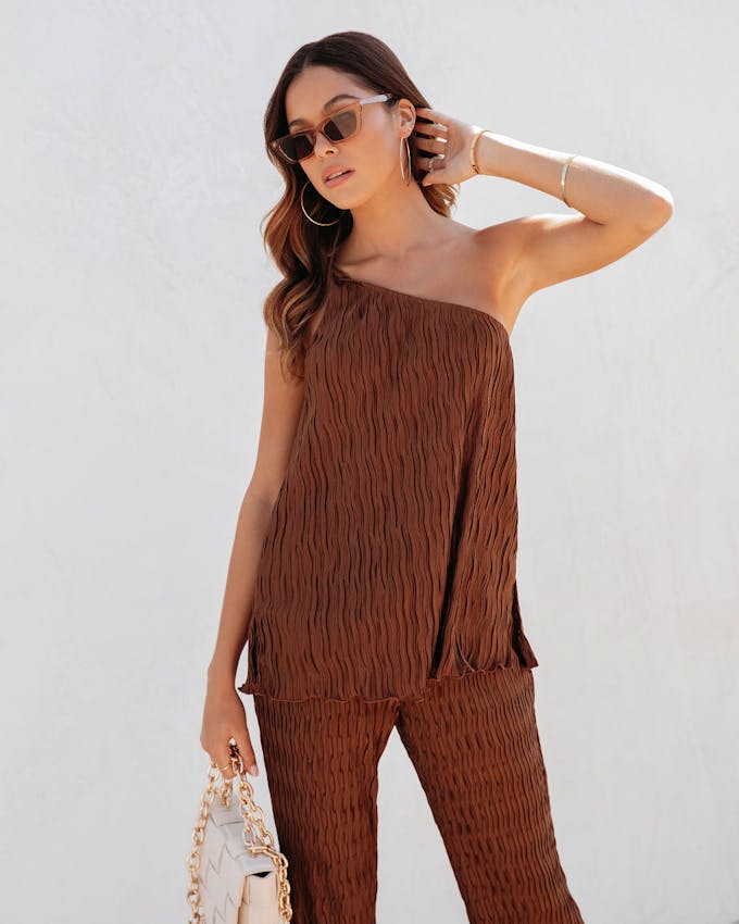 Drift Away Textured One Shoulder Top - Chocolate - SALE view 1